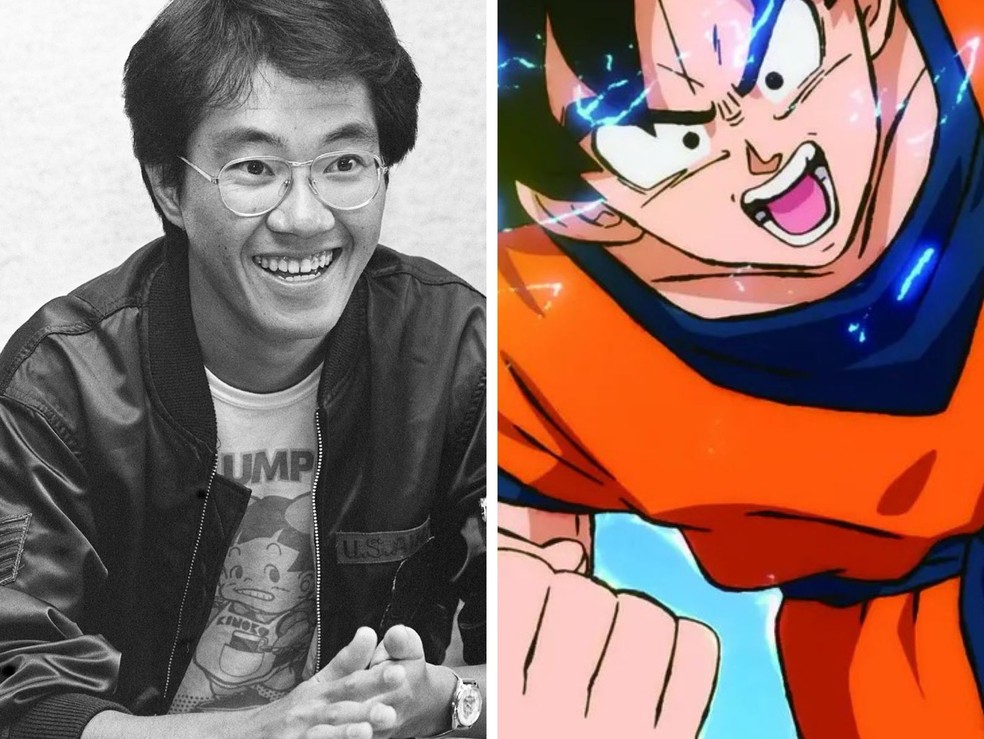 A morte foi provocada por um hematoma subdural, que é quando acontece um acúmulo de sangue entre o cérebro e o crânio. Montagem mostra Akira Toriyama e personagem de Dragon Ball Z — Foto: STR/JIJI Press/AFP e Divulgação